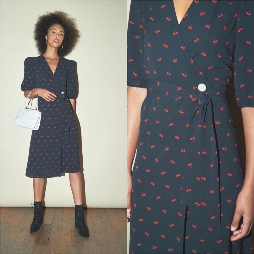 Rouje Rosalie Dress Midi Wrap Cerise Cherry Print